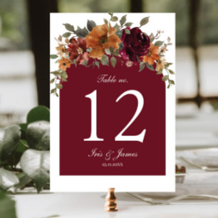 Rustic Burgundy Rust Floral Wedding Bridal Shower Table Number