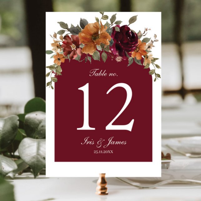 Rustic Burgundy Rust Floral Wedding Bridal Shower Table Number (Creator Uploaded)