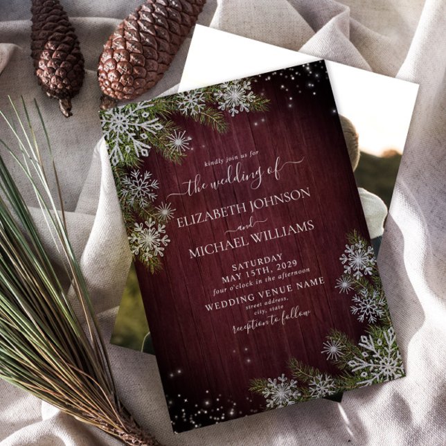 Rustic Burgundy Silver Winter Wood Photo Wedding Invitation (Creator Uploaded)