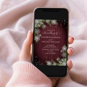 Rustic Burgundy Silver Winter Wood Photo Wedding Invitation