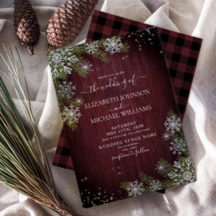 Rustic Burgundy Silver Winter Wood Plaid Wedding Invitation