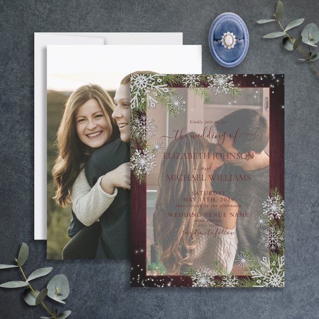 Rustic Burgundy Silver Winter Wood Vellum Wedding Invitation (Creator Uploaded)