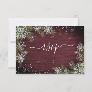 Rustic Burgundy Silver Winter Wood Wedding RSVP Card