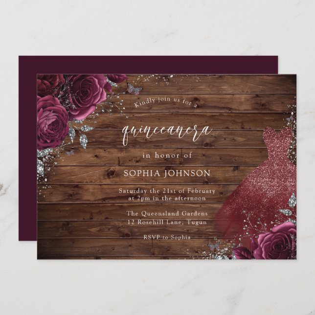 Rustic Burgundy Sparkle Dress Rose Quinceanera Invitation (Front/Back)