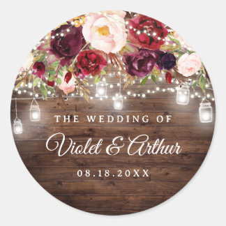 Rustic Burgundy String Lights Wedding Sticker