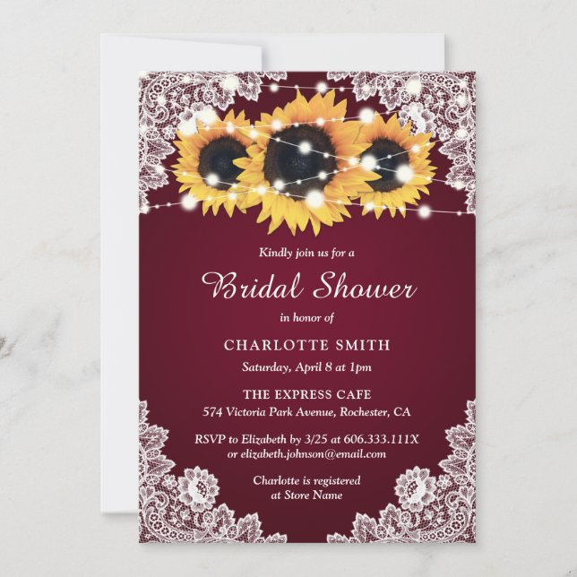 Rustic Burgundy Sunflower Lace Bridal Shower Invitation (Front)