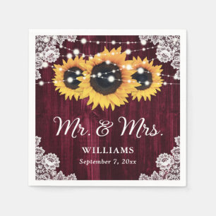 Rustic Burgundy Sunflower Mr and Mrs Wedding Napkin