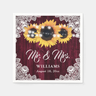 Rustic Burgundy Sunflower Mr and Mrs Wedding Napkin