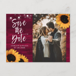 Rustic Burgundy Sunflower Photo Save The Date Postcard