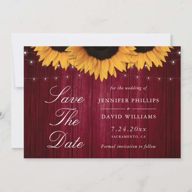 Rustic Burgundy Sunflower Save The Date Cards (Front)