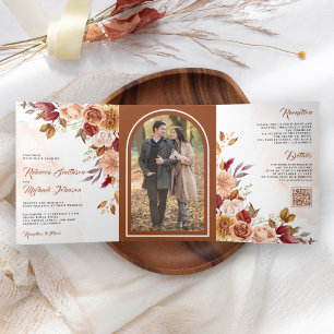 Rustic Burgundy Terracotta Floral QR Code Wedding Tri-Fold Invitation