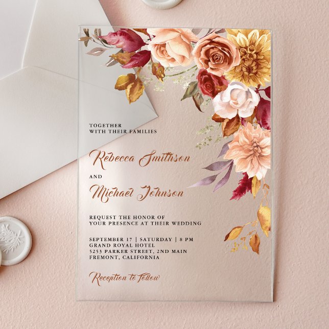 Rustic Burgundy Terracotta Floral Wedding Acrylic Invitations (Creator Uploaded)