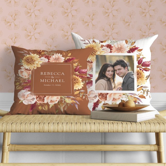 Rustic Burgundy Terracotta Floral Wedding Photo Cushion (Creator Uploaded)