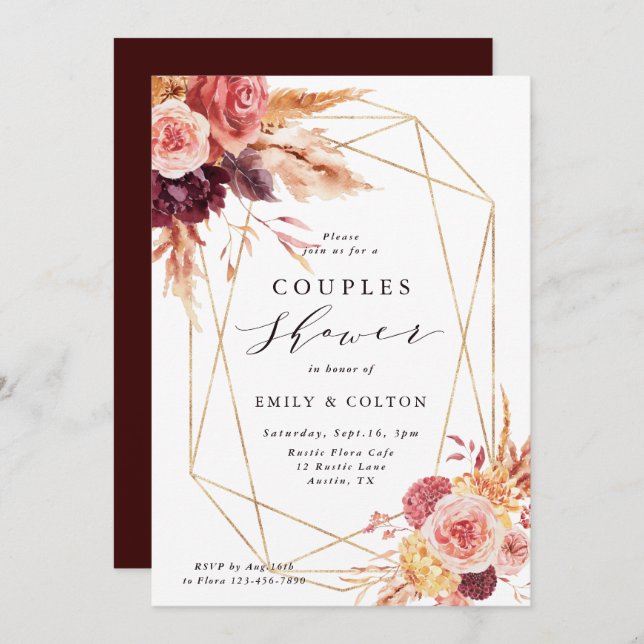 Rustic Burgundy Terracotta Flower Couples Shower  Invitation (Front/Back)