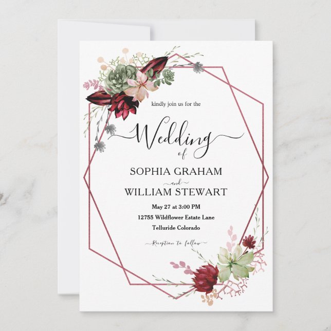 Rustic Burgundy Watercolor Calligraphy Wedding Invitation (Front)