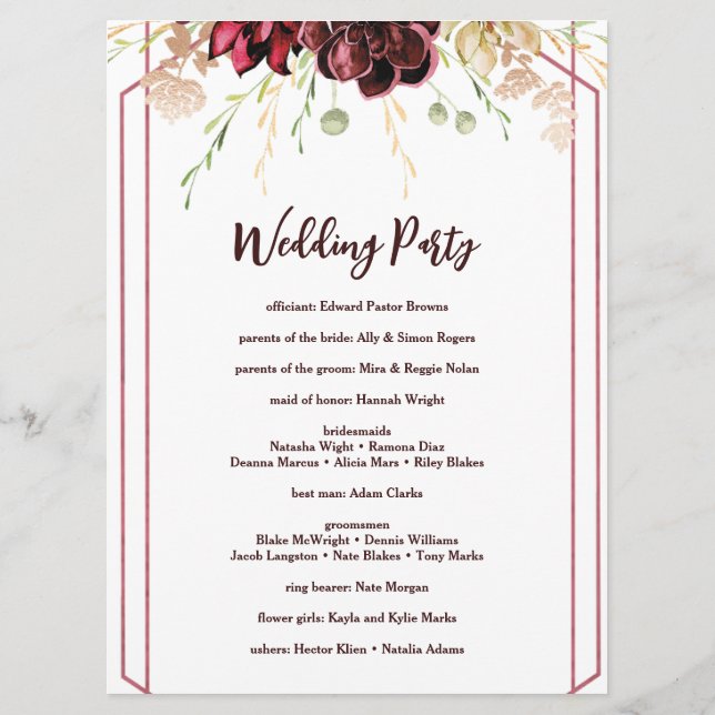 Rustic Burgundy Watercolor Calligraphy Wedding Program (Back)