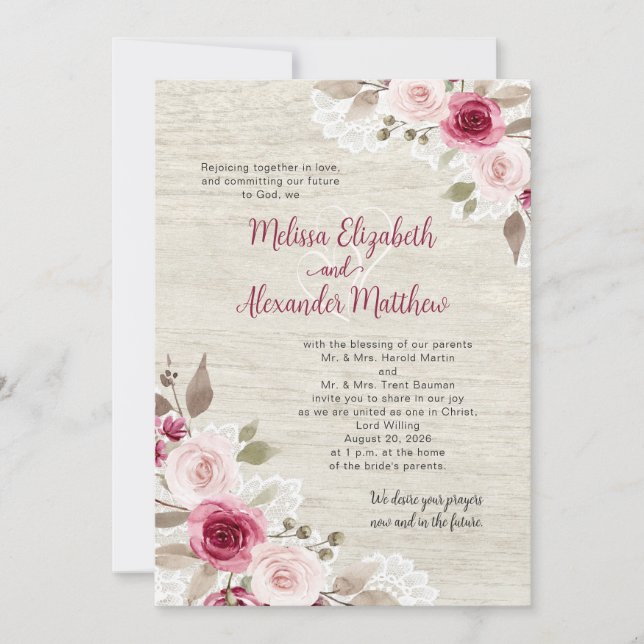 Rustic Burgundy Watercolor Floral Lace Wedding Invitation (Front)