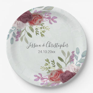 Rustic Burgundy Watercolor Floral Wedding Paper Plate