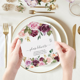 Rustic  Burgundy Watercolor Flowers & Gold Drops All In One Invitation