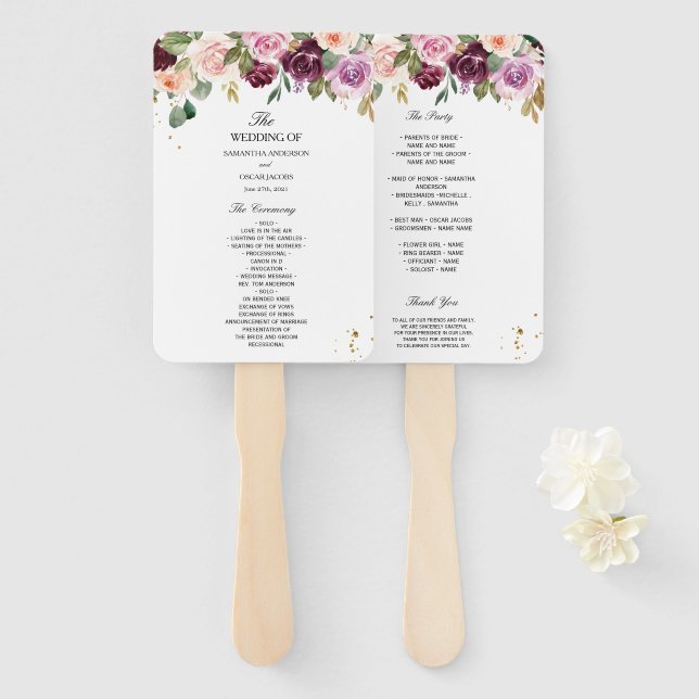 Rustic  Burgundy Watercolor Flowers & Gold Drops Hand Fan (Front and Back)