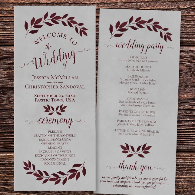 Rustic Burgundy Watercolor Leaves on Grey Wedding Program (Front/Back)
