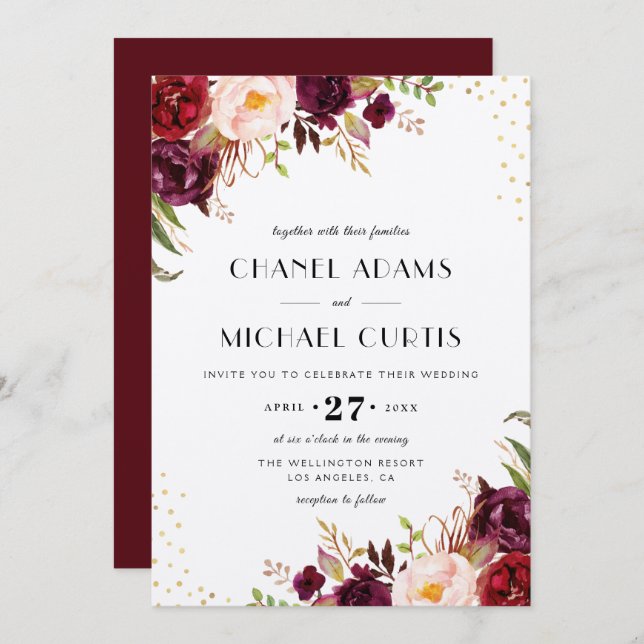 rustic burgundy wedding invitation (Front/Back)