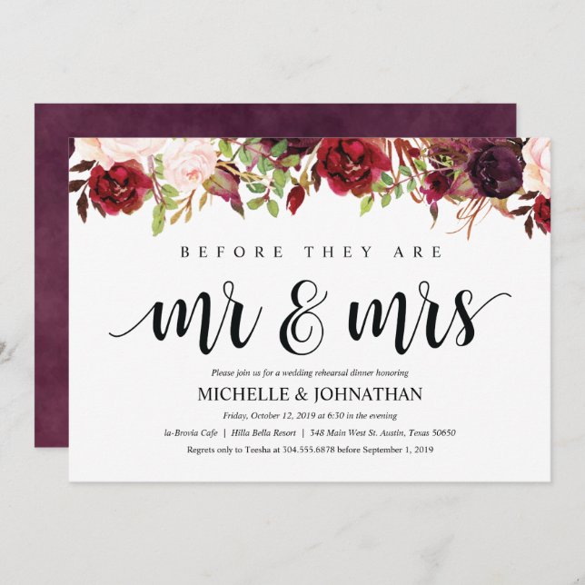 Rustic Burgundy Wedding Rehearsal Dinner Invite (Front/Back)