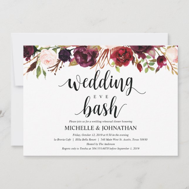 Rustic Burgundy Wedding Rehearsal Dinner Invites (Front)