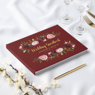 Rustic Burgundy White Floral Watercolor Wedding Guest Book
