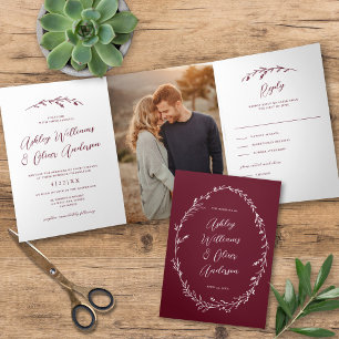 Rustic Burgundy Wildflower Boho Photo Wedding Tri-Fold Invitation