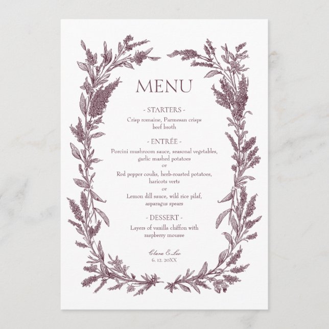 Rustic Burgundy Wildflower Wreath Wedding Menu (Front)