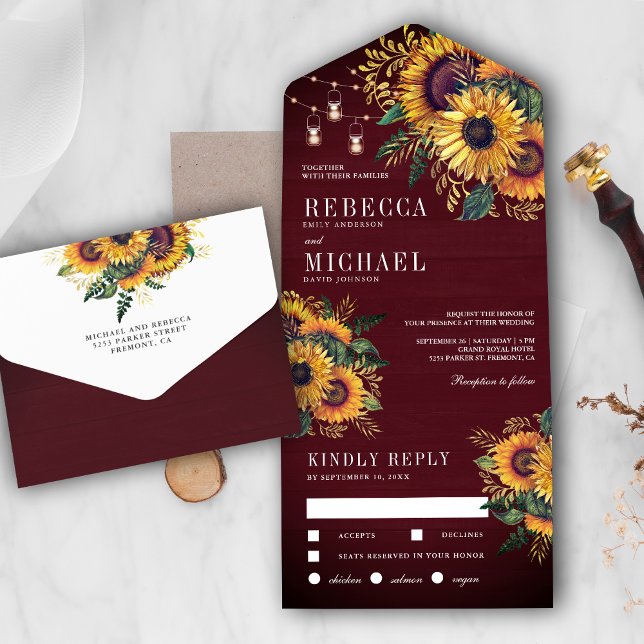 Rustic Burgundy Wood Boho Sunflowers Wedding All In One Invitation (Creator Uploaded)