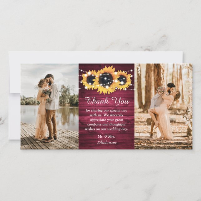 Rustic Burgundy Wood Burlap Heart Sunflower Photo Thank You Card (Front)
