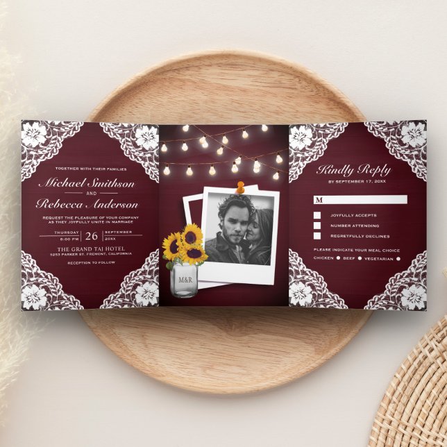 Rustic Burgundy Wood Lace String Lights Wedding Tri-Fold Invitation (Creator Uploaded)