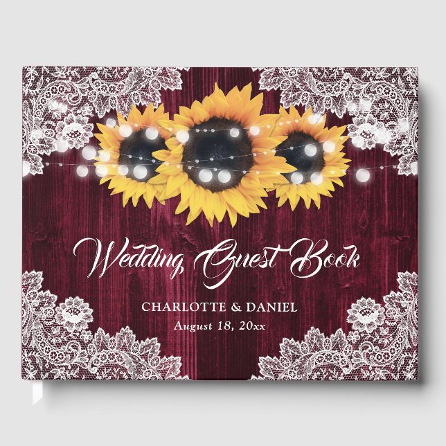 Rustic Burgundy Wood Lace Sunflower Wedding Guest Book (Front)