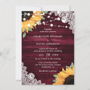 Rustic Burgundy Wood Lace Sunflower Wedding Invitation