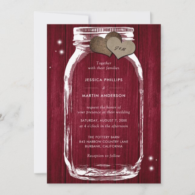 Rustic Burgundy Wood Mason Jar Wedding Invitations (Front)