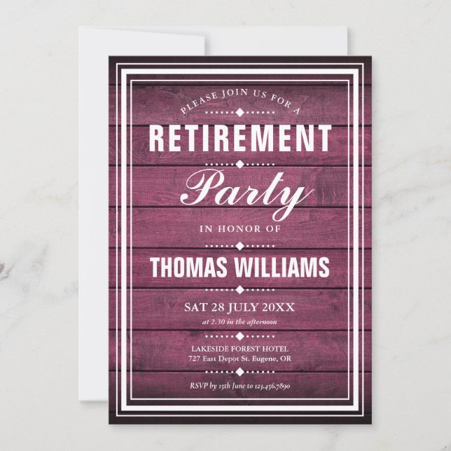 Rustic Burgundy Wood Panels Photo Retirement Party Invitation (Front)