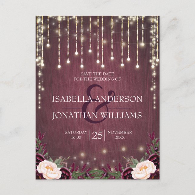 Rustic Burgundy Wood String Lights Save the Date Announcement Postcard (Front)