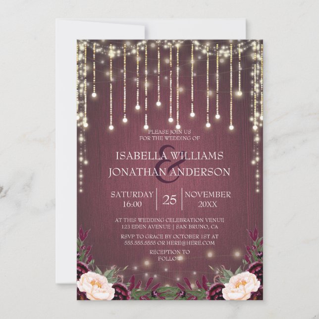 Rustic Burgundy Wood & String Lights Wedding Invitation (Front)