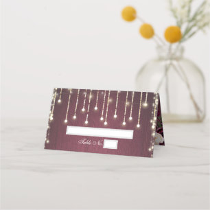 Rustic Burgundy Wood & String Lights Wedding Place Card