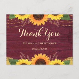 Rustic Burgundy Wood Sunflower Wedding Thank You Postcard