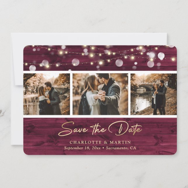 Rustic Burgundy Wood Wedding Photo Save The Date (Front)