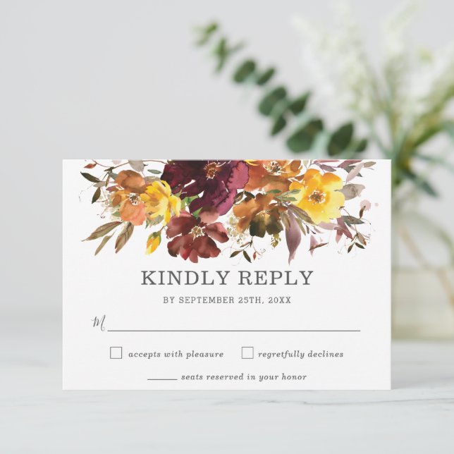 Rustic Burgundy Yellow Floral Wedding RSVP Card (Standing Front)