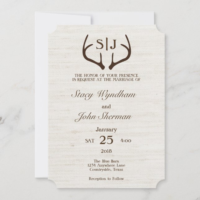 Rustic Burlap and Antler Wedding Invitation Card (Front)