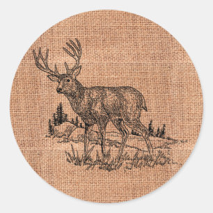 Rustic Burlap And Deer Illustration Classic Round Sticker