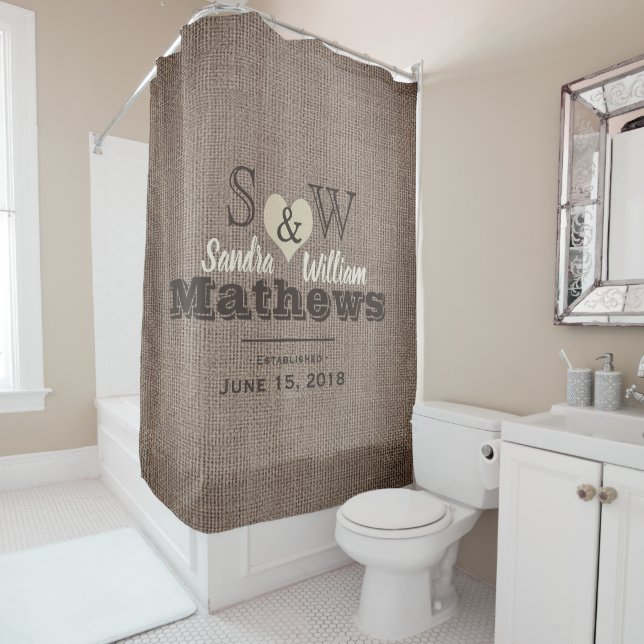 Rustic Burlap and Heart Monogram Wedding Shower Curtain (In Situ)