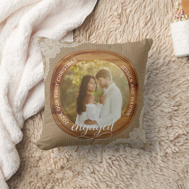 Rustic Burlap and Lace First Christmas engaged Cushion (Blanket)
