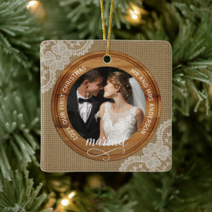 Rustic Burlap and Lace First Christmas married Ceramic Ornament
