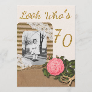 Rustic Burlap and Lace Rose 70th Birthday Invite